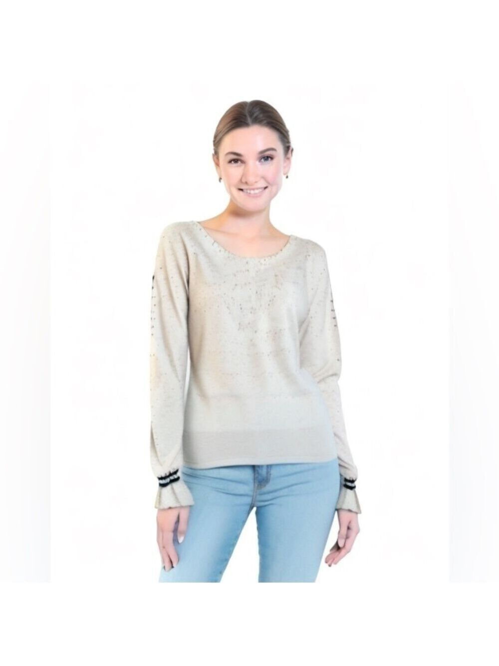 Anthropologie Skies are Blue Speckled Crewneck Sweater with Bell Trim Sleeves